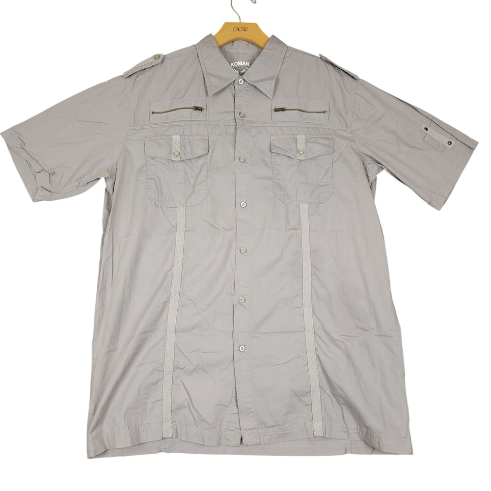 Koman Mens Gray Short Sleeve Button‎ Up Shirt XL Utility Pockets Zip Detail